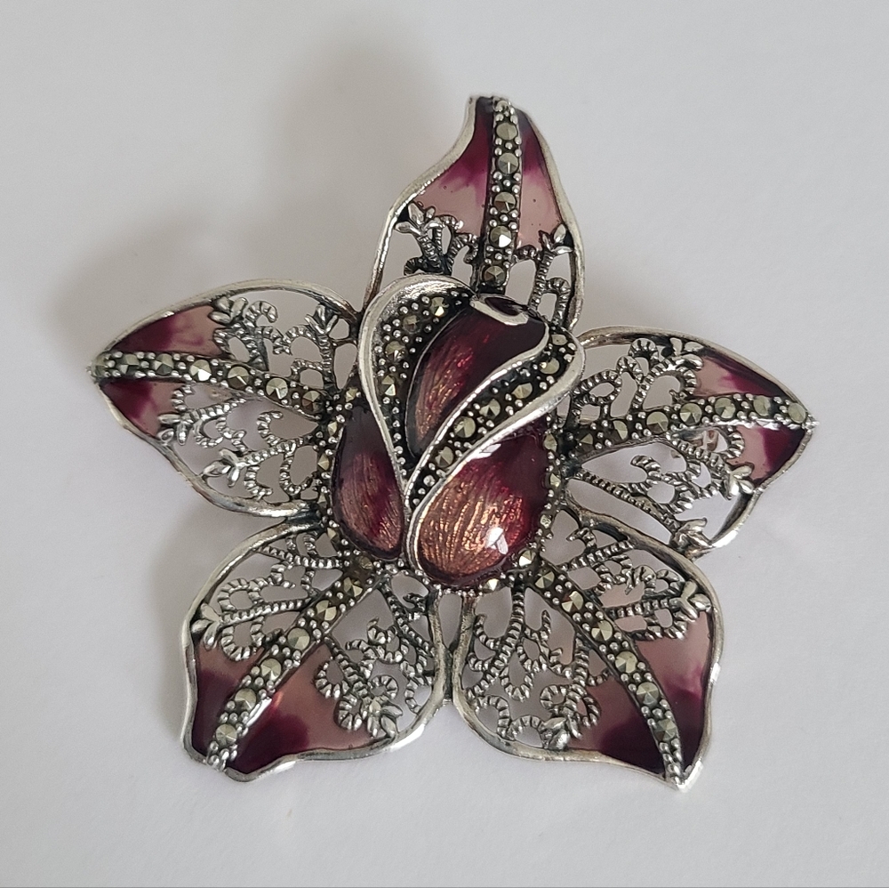 Vintage Boho Sterling Silver Marcasite Crystal Enamel Orchid Flower Brooch Pin